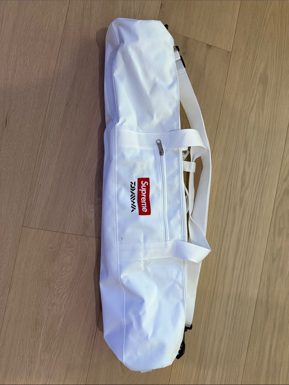 Supreme White fishing rod bag with Red Logo Patch